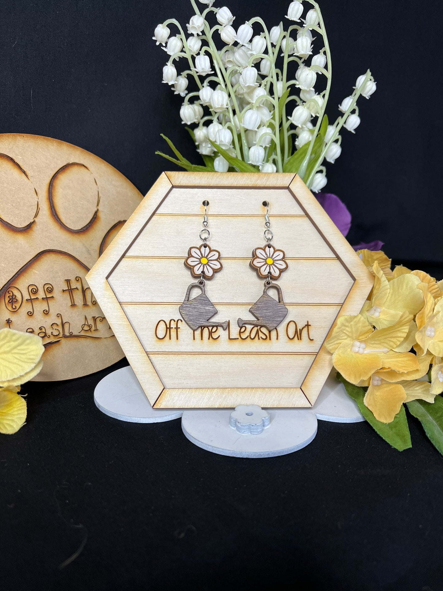 Cute Daisy and Watering Can Dangle Earrings